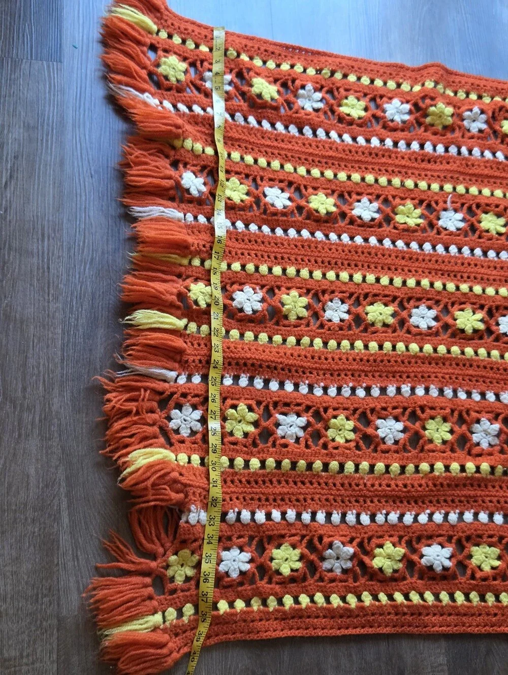 Vintage 70s Style Crochet Flower Pattern Orange Yellow Afghan Blanket w/Fringe